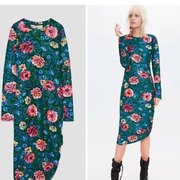 Zara Textured Green Floral Print Dress Gathered Side Size S Long Sleeve Bodycon - Picture 2 of 16
